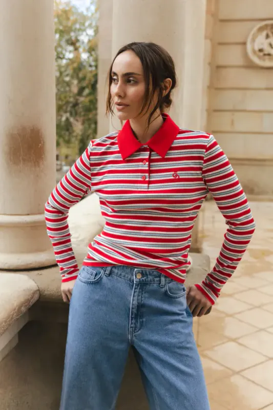 Lesliecras Polo Blouse Red Blue Stripe Cras
