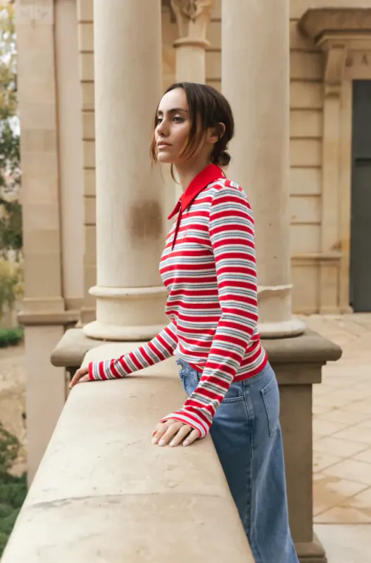 Lesliecras Polo Blouse Red Blue Stripe Cras