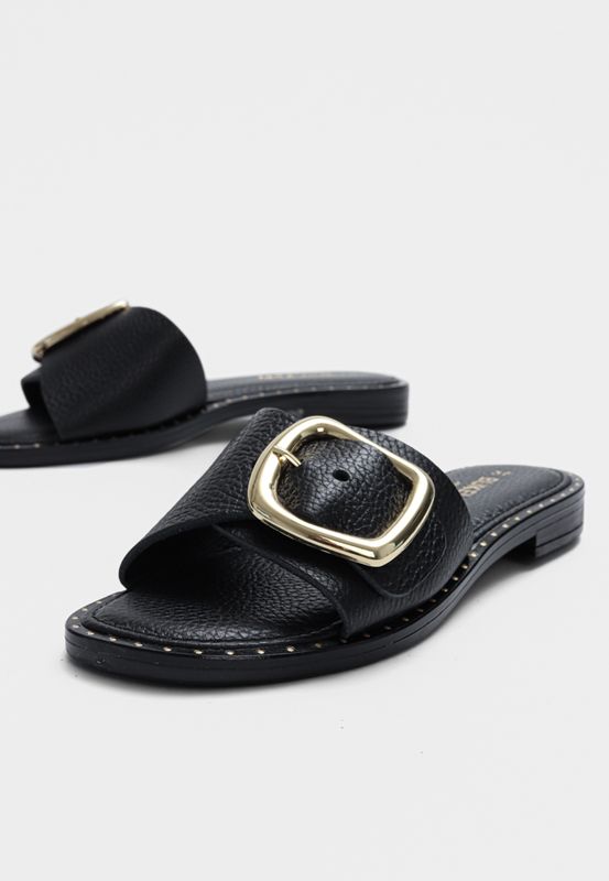 Pilar Black Leather Gold Buckle Sandal Bukela