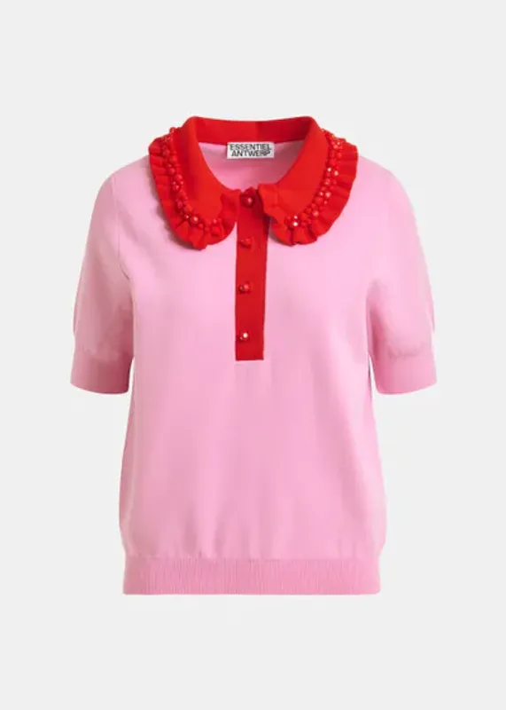 Jewelry Embroidered Knit Polo Cotton Andy Pink And Red Essentiel Antwerp